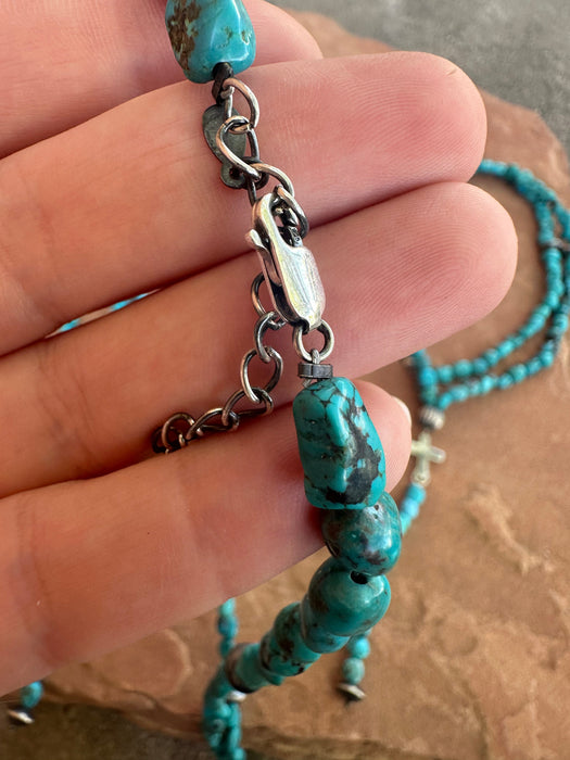 Nizhoni’s Handmade Sterling Silver Turquoise Beaded Lariat Cross Necklace