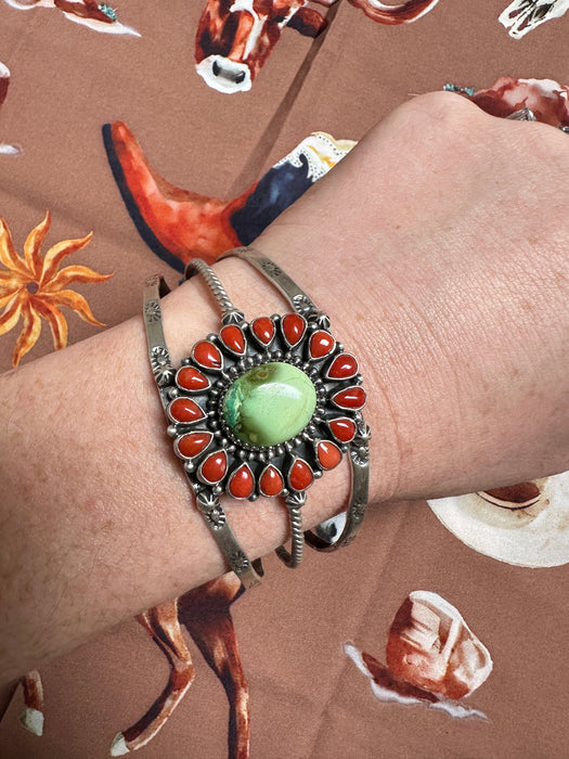 Handmade Sonoran Turquoise, Coral & Sterling Silver Cuff Bracelet Signed Nizhoni STYLE 4