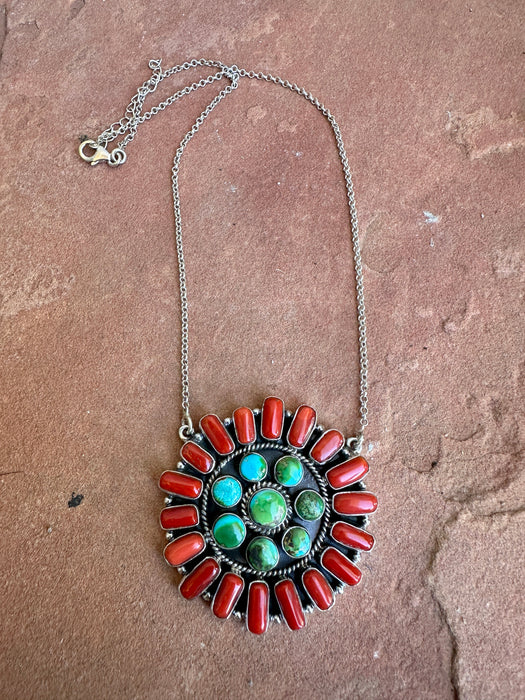 Beautiful Handmade Sterling Silver, Sonoran Mountain Turquoise & Coral Cluster Necklace Signed Nizhoni