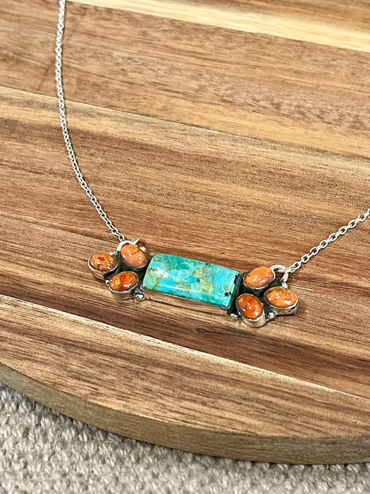 Handmade Sterling Silver,  Turquoise & Orange Mojave Bar Necklace