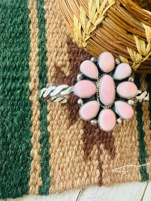 Navajo Queen Pink Conch Shell & Sterling Silver Cluster Cuff Bracelet