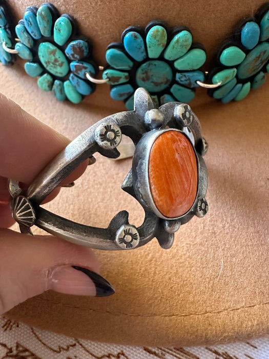 Navajo Single Stone Orange Spiny & Sterling Silver Cuff Bracelet by Chimney Butte