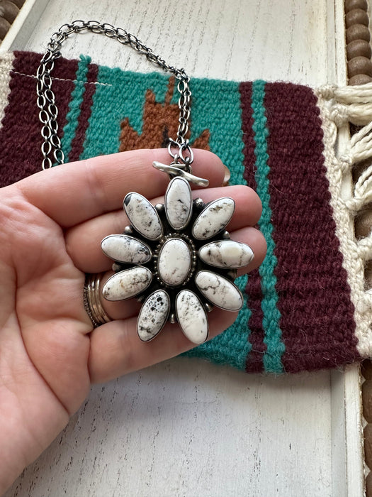 Navajo Handmade White Buffalo And Sterling Silver Cluster Necklace Signed