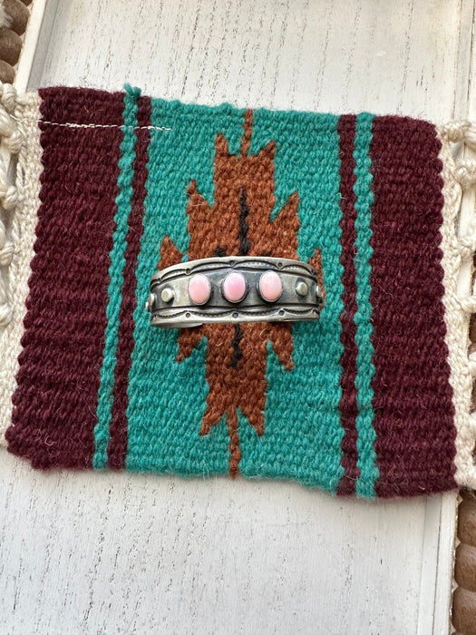 Navajo 3Stone Queen Pink Conch Shell & Sterling Silver Cuff Bracelet by Chimney Butte