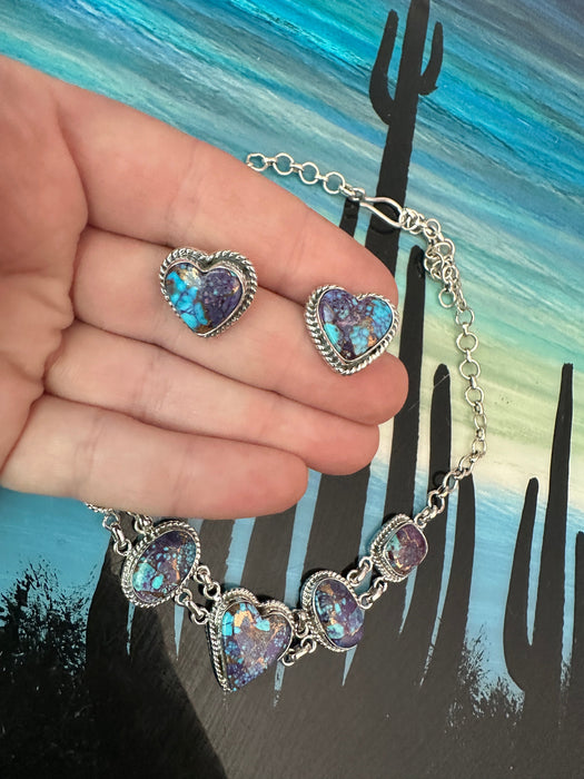 Handmade Sterling Silver & Purple Dream Heart Necklace & Earrings Set Signed Nizhoni