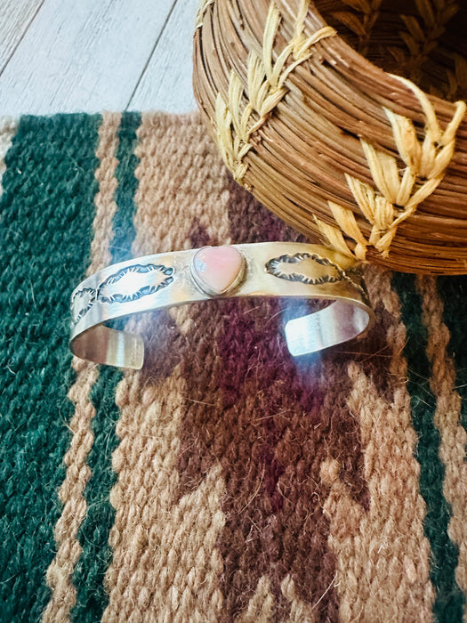 Navajo Queen Pink Conch Shell & Sterling Silver Heart Cuff Bracelet