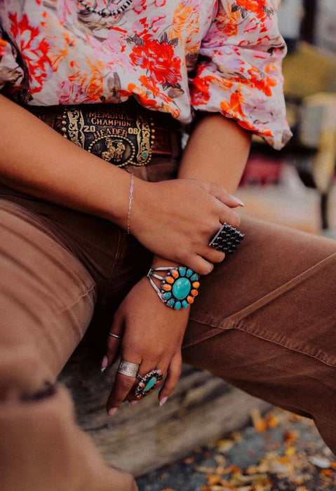 Navajo Sterling Silver, Turquoise & Orange Spiny Bracelet Cuff Signed Sheila Becenti