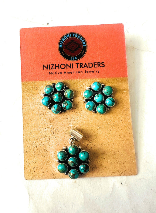 Navajo Sterling Silver & Turquoise Cluster Pendant and Earring Set