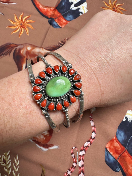 Handmade Sonoran Turquoise, Coral & Sterling Silver Cuff Bracelet Signed Nizhoni STYLE 11