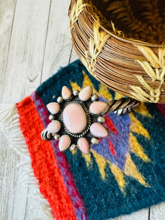 Navajo Queen Pink Conch Shell & Sterling Silver Cluster Cuff Bracelet