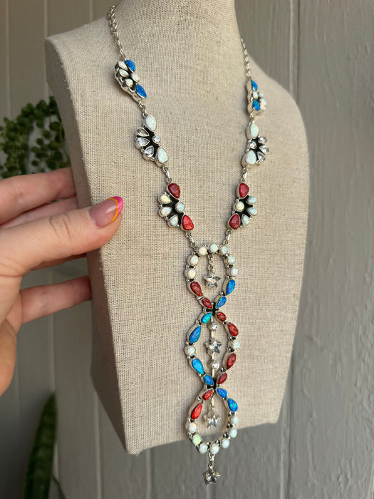 4th Of July Collection Handmade Sterling Silver & Red, White & Blue Fire Opal Statement Necklace