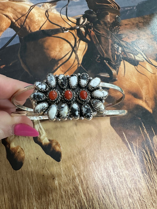 Handmade Sterling Silver, White Buffalo & Coral Adjustable Cuff Bracelet