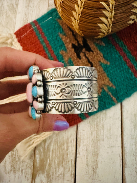 Navajo Sterling Silver, Turquoise & Queen Pink Conch Cuff Bracelet