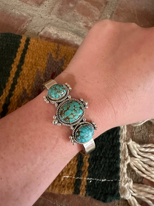 Handmade Sterling Silver & 3 Stone Number 8 Turquoise Adjustable Cuff Bracelet