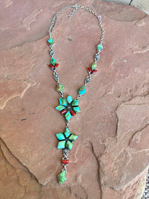 Beautiful Handmade Sterling Silver, Coral & Sonoran Turquoise Lariat Necklace Style B