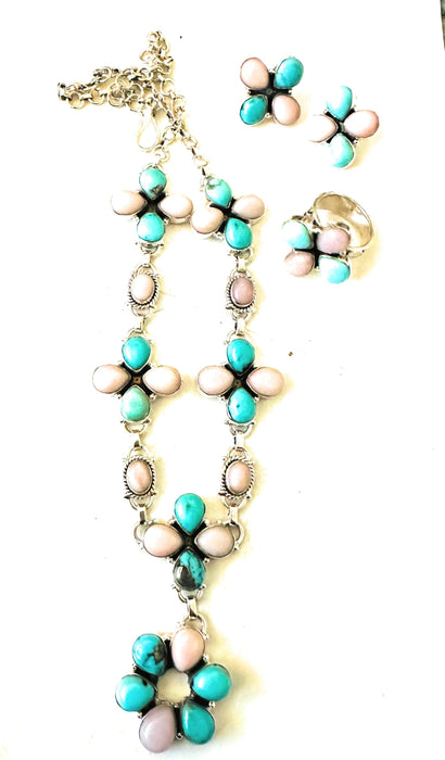 Handmade Sterling Silver, Turquoise & Pink Opal Necklace Set Signed Nizhoni