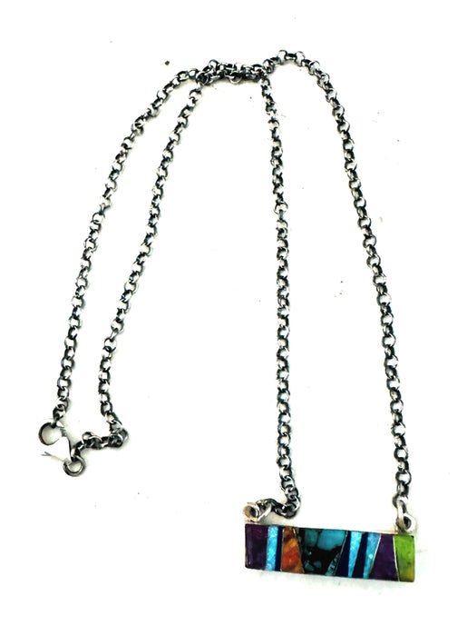 Navajo Multi Stone & Sterling Silver Inlay Bar Necklace