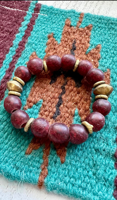 Handmade Recycled Glass Beaded Stretch Bracelet CRANBERRY