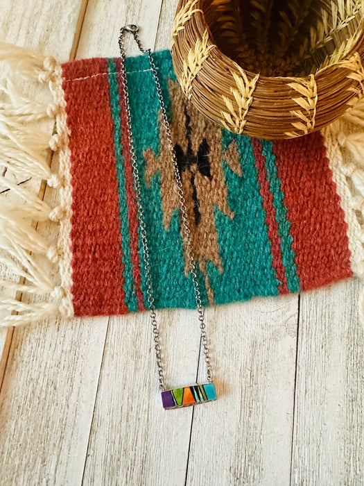 Navajo Multi Stone & Sterling Silver Inlay Bar Necklace