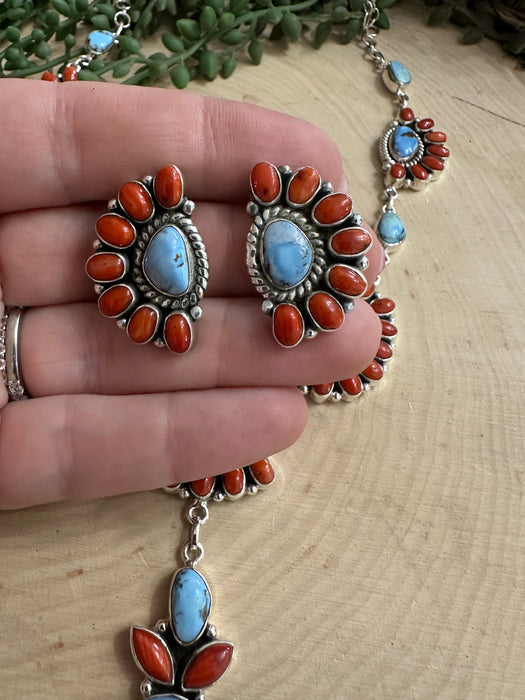 Handmade Sterling Silver, Golden Hills Turquoise & Coral Lariat Necklace SET