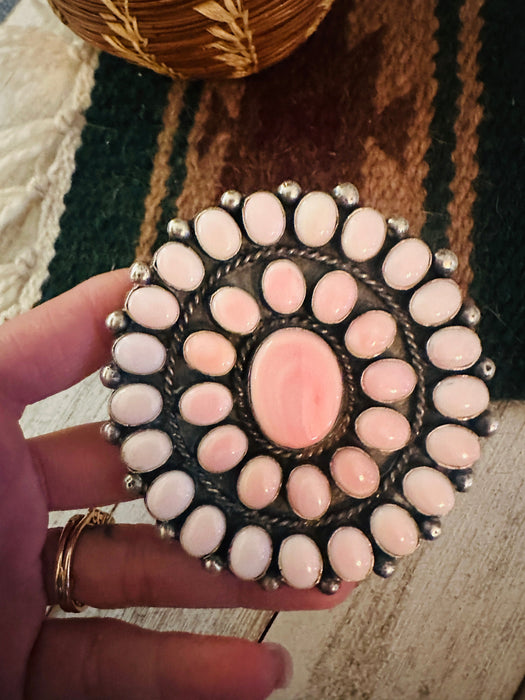 Navajo Queen Pink Conch Shell & Sterling Silver Cluster Cuff Bracelet