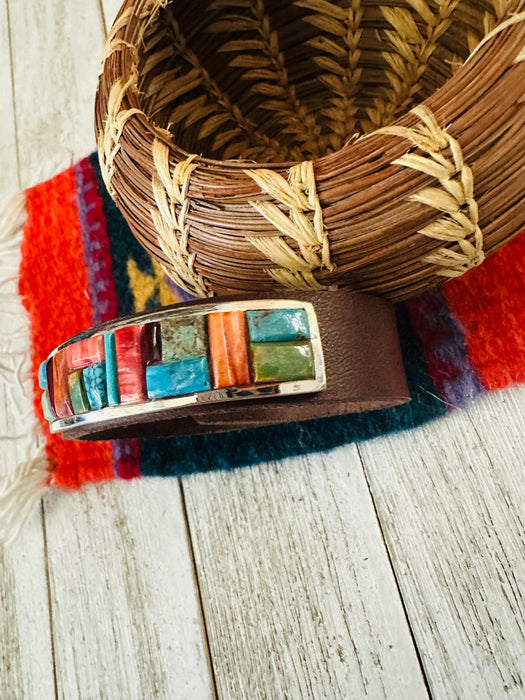 Navajo Multi Stone Inlay And Sterling Silver Leather Bracelet