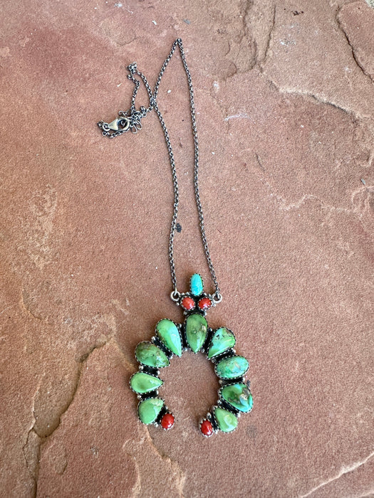 Beautiful Handmade Sterling Silver, Coral & Sonoran Turquoise NAJA Necklace