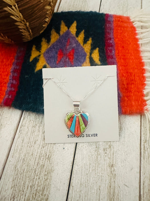 Navajo Multi Stone & Sterling Silver Inlay Heart Necklace