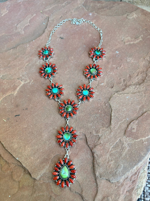 Beautiful Handmade Sterling Silver, Coral & Sonoran Turquoise Lariat Necklace