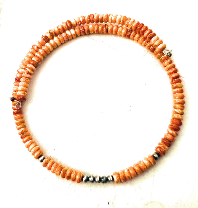 Navajo Orange Spiny & Sterling Silver Beaded Wrap Choker Necklace