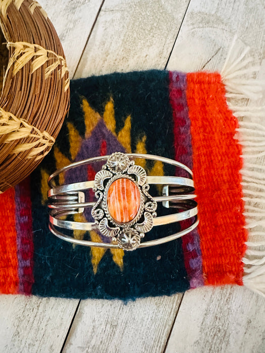 Navajo Sterling Silver & Orange Spiny Oyster Cuff Bracelet