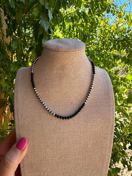 Navajo Pearl Sterling Silver & Black Onyx Beaded Necklace