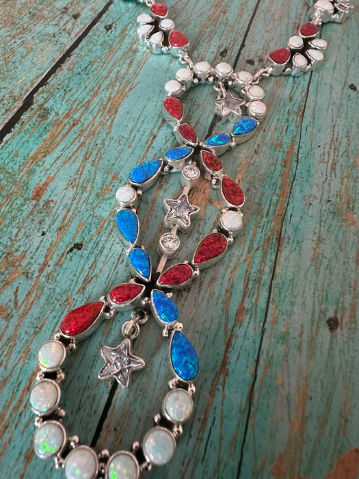 4th Of July Collection Handmade Sterling Silver & Red, White & Blue Fire Opal Statement Necklace