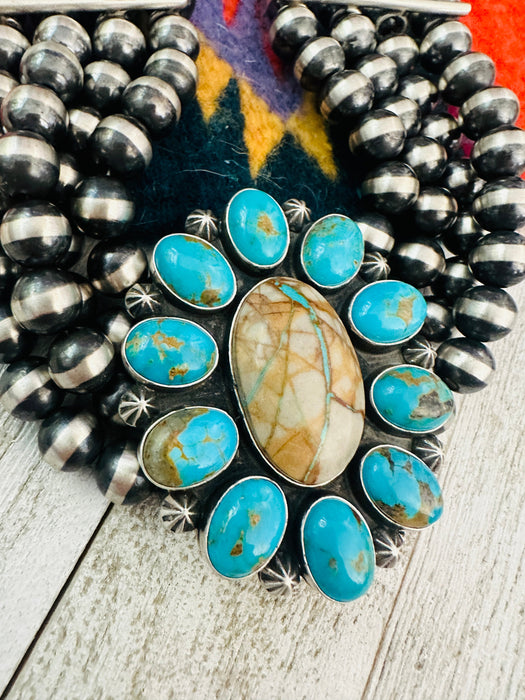 Navajo Beaded Sterling Silver & Ribbon Turquoise Cluster Necklace