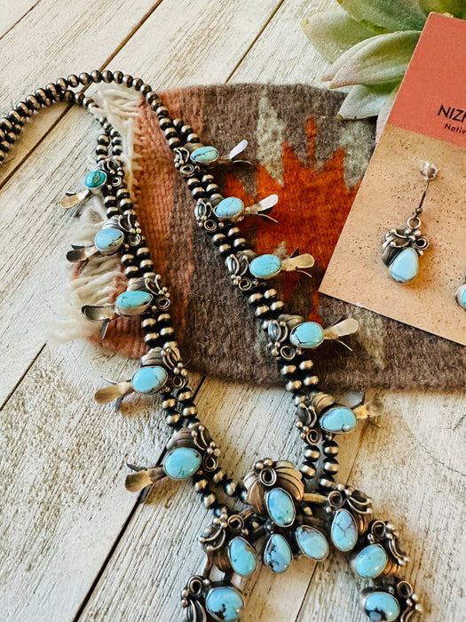 Navajo Golden Hills Turquoise & Sterling Silver Squash Blossom Necklace Set