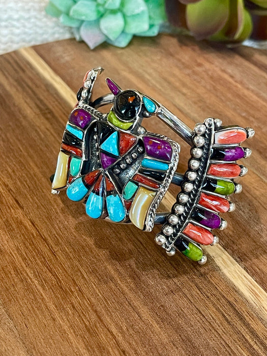 Handmade Sterling Silver Multi Stone Inlay Thunderbird Cuff Bracelet