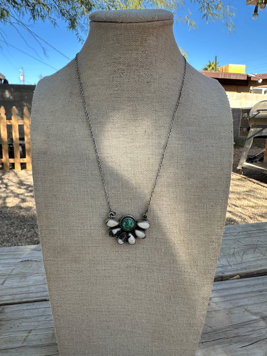 Beautiful Handmade Sterling Silver, White Buffalo & Sonoran Mountain Turquoise Crescent Necklace