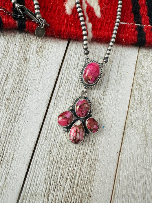 Navajo Pink Dream Mojave & Sterling Silver Pearl Beaded Lariat Necklace