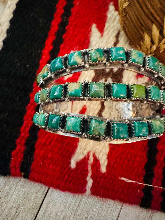 Navajo Sterling Silver & Kingman Turquoise Three Row Cuff Bracelet