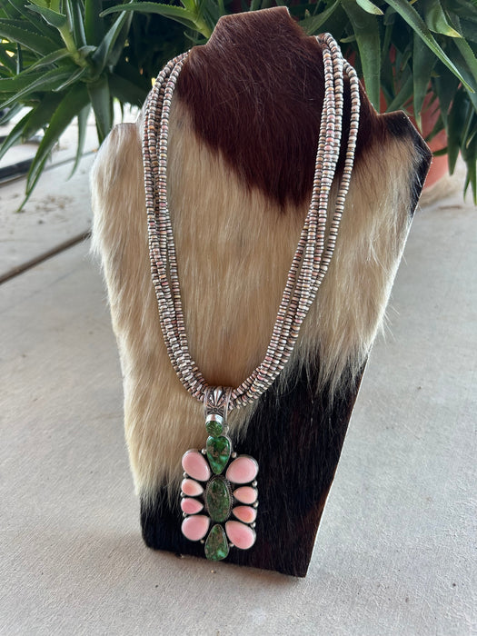 Beautiful Navajo Sterling Silver, Pink Conch & Sonoran Turquoise Beaded Necklace With Pendant Signed P Yazzie