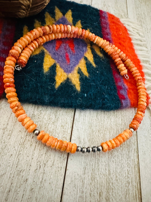 Navajo Orange Spiny & Sterling Silver Beaded Wrap Choker Necklace