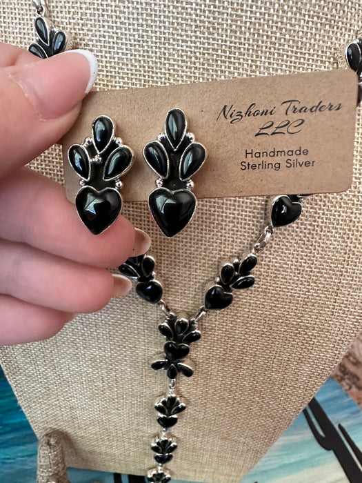 Beautiful Handmade Sterling Silver & Onyx Necklace, Ring & Earring Set