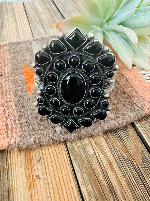 Navajo Black Onyx & Sterling Silver Cluster Cuff Bracelet