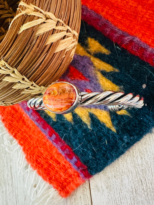 Navajo Twisted Sterling Silver & Orange Spiny Cuff Bracelet