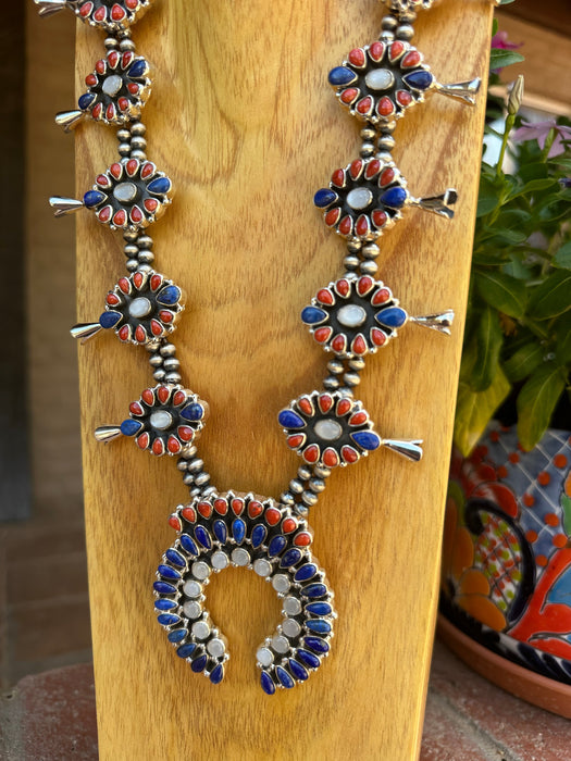 4th Of July Collection Handmade Sterling Silver, Lapis, Coral & Motherof Pearl Squash Blossom Necklace