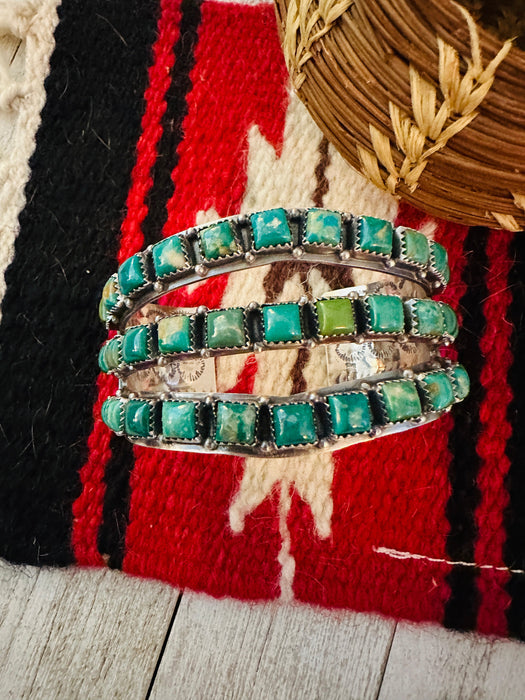 Navajo Sterling Silver & Kingman Turquoise Three Row Cuff Bracelet