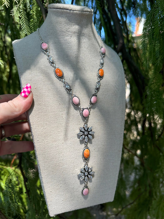 Beautiful Handmade Sterling Silver, Pink Conch, CZ, Orange Spiny Lariat Necklace