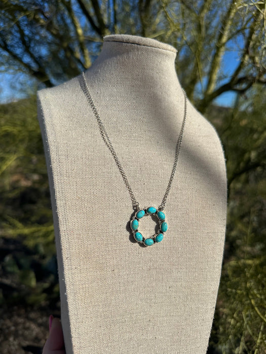 Handmade Sterling Silver & Turquoise Circle Necklace Signed Nizhoni