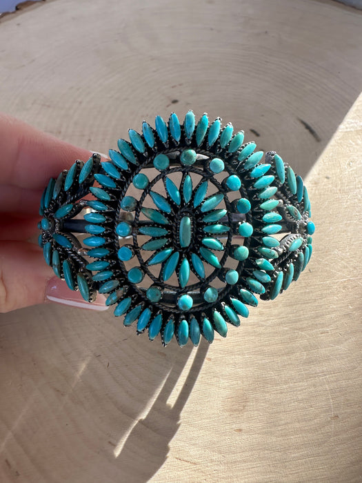 Handmade Sterling Silver & Turquoise Needlepoint Cuff Bracelet Signed Nizhoni