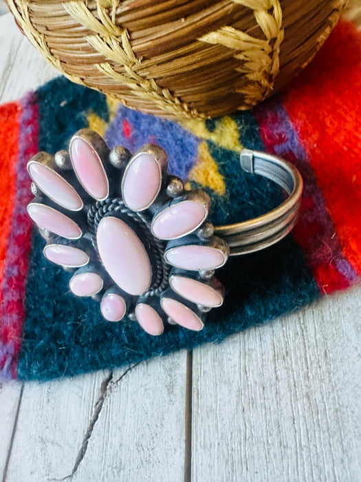 Navajo Queen Pink Conch Shell & Sterling Silver Cluster Cuff Bracelet